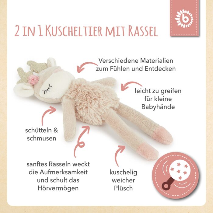 Bieco Kuscheltier Reh Ella mit Rassel | Baby Kuscheltier ab 0 Monate Stofftier Baby Plüschtier R – Bild 6